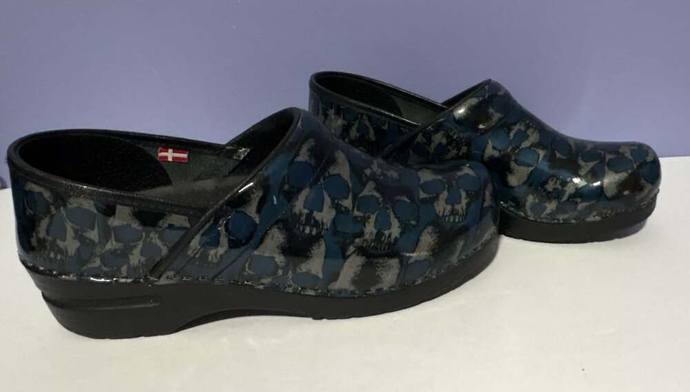 Sanita Phantom Skull Skeleton Black Blue Patent Leather Clogs